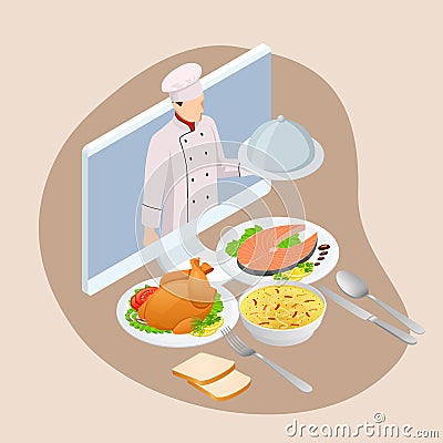 Isometric Cooking Education Online. Professional cooking. Home-cooked meal Vector Illustration