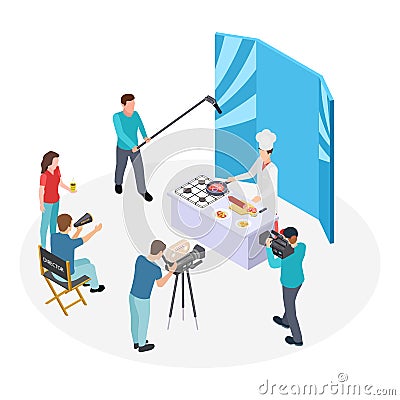 Isometric cooking TV show. Vector chef and film crew. Shooting show Vector Illustration