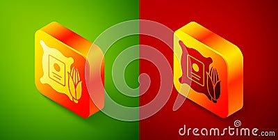 Isometric Corn in the sack icon isolated on green and red background. Corn in a canvas bag. Farmers market. Square Vector Illustration