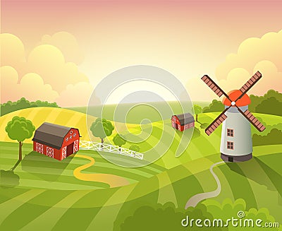 Isometric countryside farm grassy field meadow scenic landscape dawn sunrise sunset daylight. Agriculture farming collection Vector Illustration