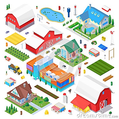 Isometric Countryside Farm scene generator creator vector design objects illustration. Cottage hangar school buildings Vector Illustration