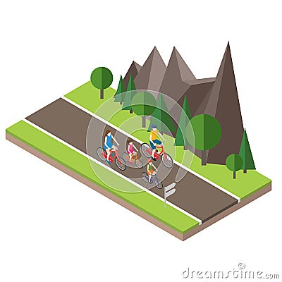 Isometric countryside. Summer road. Family cycling on countryside summer sunny road or highway. Mother, father, son and Vector Illustration