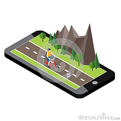 Isometric countryside. Summer road. Mobile geo tracking. Map. Man cycling on countryside summer sunny road or highway Vector Illustration