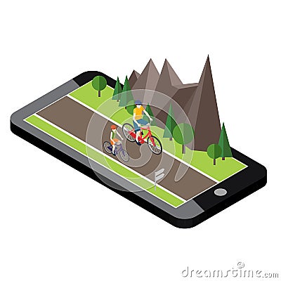 Isometric countryside. Summer road. Mobile geo tracking. Map. Woman and man cycling on countryside summer sunny road or Vector Illustration