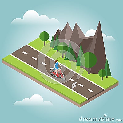 Isometric countryside. Summer road. Woman cycling on countryside summer sunny road or highway Vector Illustration