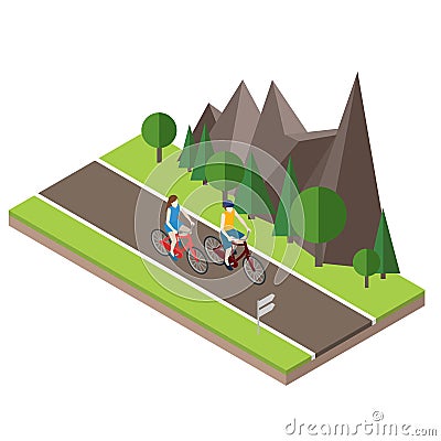 Isometric countryside. Summer road. Woman and man cycling on countryside summer sunny road or highway Vector Illustration