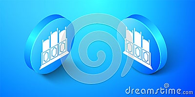 Isometric Court`s room with table icon isolated on blue background. Chairs icon. Blue circle button. Vector Vector Illustration