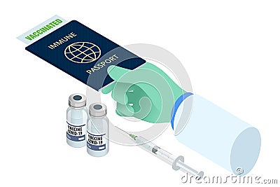 Isometric COVID-19 Immunity Passport, immunity certificate, vaccination certificate. Vector Illustration