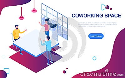 Isometric coworking space. People discussing ideas for business plan in co working space shared working environment. Vector Illustration