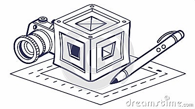 Isometric cube with pen & blueprint, showcasing design process vector design Generative AI Vector Illustration
