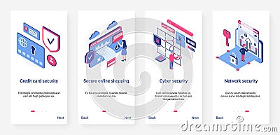 Isometric cyber security network technology UX, UI onboarding mobile app page screen set Cartoon Illustration