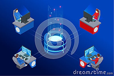 Isometric Cybersports competition. Cybersport arena with gamers. Online game tournament in player vs player format Vector Illustration