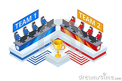 Isometric Cybersports competition. Cybersport arena with gamers. Online game tournament in player vs player format Vector Illustration