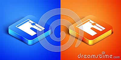 Isometric Cycling shorts icon isolated on blue and orange background. Square button. Vector Stock Photo