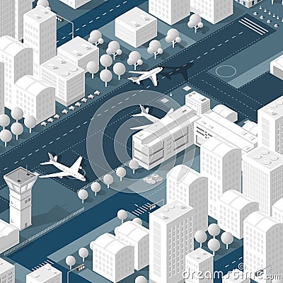 Isometric 3D airport dimensional illustration with jet airplane Vector Illustration