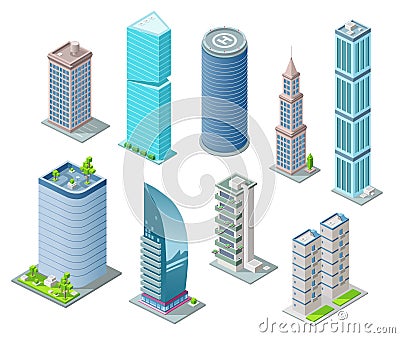 Isometric 3D buildings and city skyscrapers vector illustration or office and hotel residence towers for construction Vector Illustration