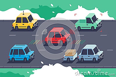 Isometric 3d car with electronic device for detection, sensors for parking, distances. Vector Illustration