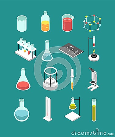 Isometric 3d chemical laboratory equipment. Chemistry attributes vector icons isolated Vector Illustration