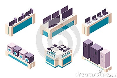 Isometric 3d collection isolated urban element of electronics store. Vector Illustration