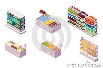 Isometric 3d collection isolated urban element of grocery department. Cartoon Illustration