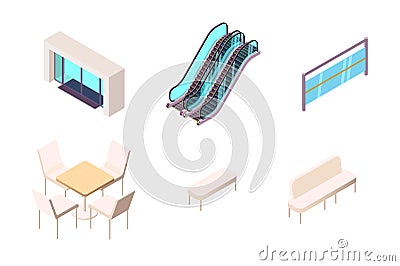 Isometric 3d collection isolated urban element of shopping center entry. Vector Illustration