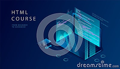 Isometric 3D Concept Of HTML Course. Website Landing Page. Process Of Education Of Programming, Coding, Website Vector Illustration
