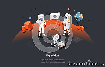 Isometric 3D Concept Of Mars Expedition And Space Tourism. Astronauts in Space Suits Walking On Mars Surface. People Vector Illustration