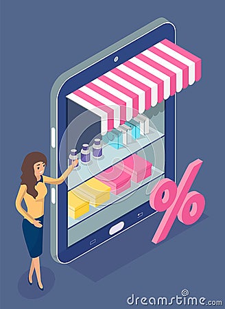 Isometric 3d digital tablet with online shop, woman distributor with discounts, sale in online store Vector Illustration