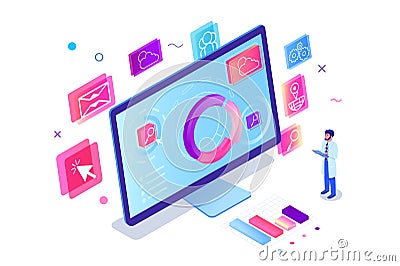 Isometric 3d engineer man with computer with diagram, app, map, search, wearth, post and social. Cartoon Illustration