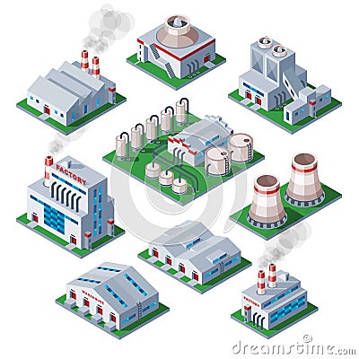 Isometric 3d factory building industrial element warehouse architecture house vector illustration Vector Illustration