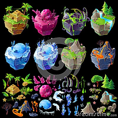 isometric 3d fantastic islands, details for gui, game design. Cartoon illustration of different landscapes Cartoon Illustration