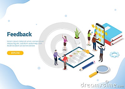 Isometric 3d feedback business rating star concept with team people and checklist clipboard for website template landing homepage Cartoon Illustration