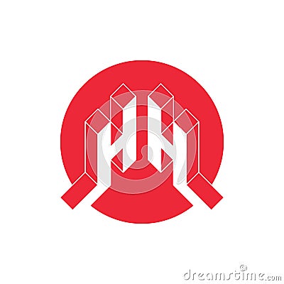 Isometric 3d font for design. HH - Original Three-dimension letters in a red circle. H and H - monogram or logotype Vector Illustration