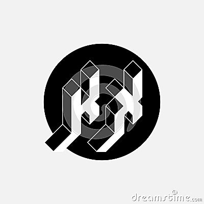 Isometric 3d font for design. KX - Original Three-dimension letters in a black circle. K and X - monogram or logotype Vector Illustration