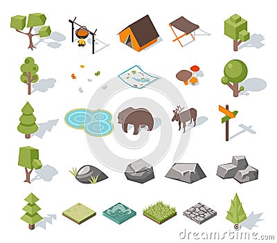 Isometric 3d forest camping elements for landscape Vector Illustration