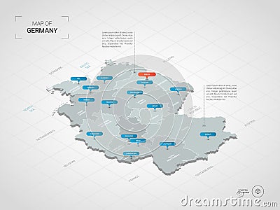 Isometric Germany map with city names and administrative divisions. Vector Illustration