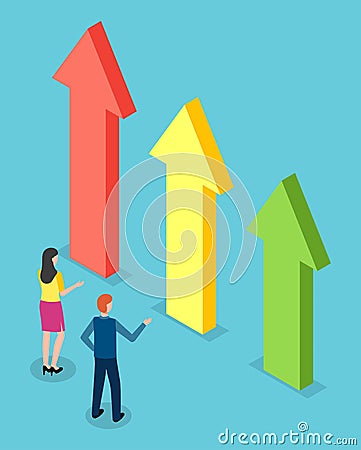 Isometric 3d illustration, woman and man looking at growing big arrows chart, infographics Cartoon Illustration