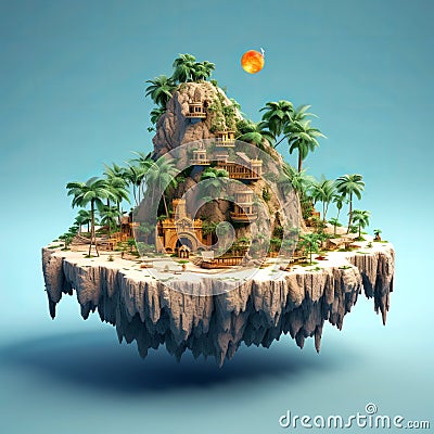 isometric 3d island. Mountains and palm trees Stock Photo