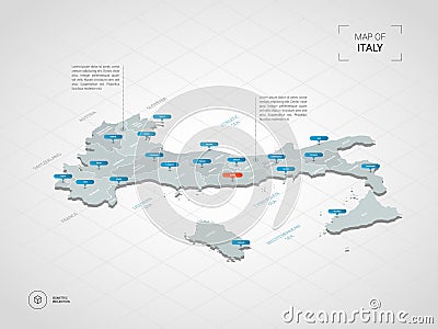 Isometric Italy map with city names and administrative divisions Vector Illustration