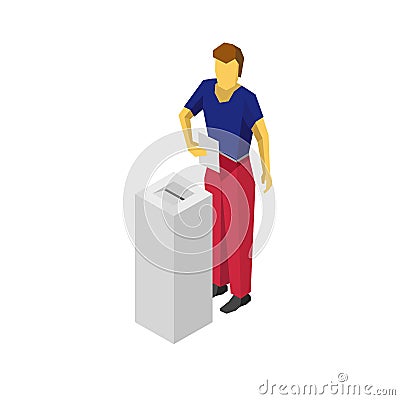 Isometric 3D man put voting paper in election box Vector Illustration