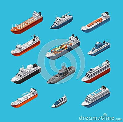 Isometric 3d military and passenger ships, boat and yacht vector sea transportation and shipping icons isolated Vector Illustration