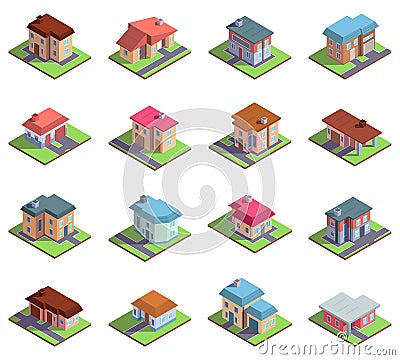 Isometric 3d modern residential suburban or city houses. Country cottages or townhouses vector illustration set Vector Illustration