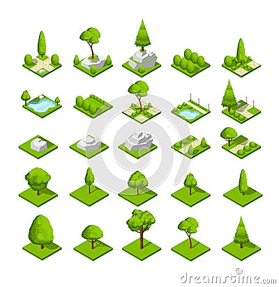 Isometric 3d nature elements. Forest and city park trees and plants. Vector map graphics Vector Illustration