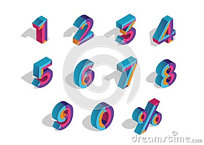 0, 1, 2, 3, 4, 5, 6, 7, 8, 9 isometric 3D numeral alphabet. Percent off, sale background. Colorfull polygonal triangle Letter. Vector Illustration