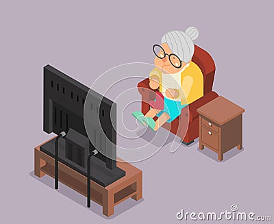 Isometric 3d Old Lady Watching TV Sit Armchair Cartoon Character Flat Design Vector Illustration Vector Illustration