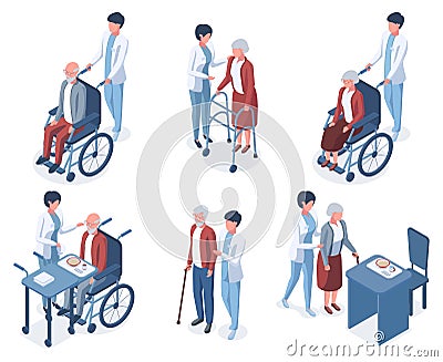 Isometric 3d old people medical help care. Senior people medical therapy, elderly patient nursing vector illustration Vector Illustration