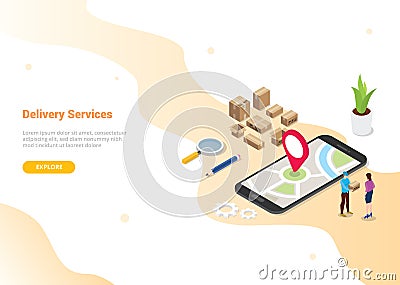 Isometric 3d online delivery service concept with people deliver order for website template design or landing homepage - vector Cartoon Illustration