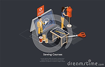 Isometric 3d Online Sewing Tailor, Fashion Designers, Atelier Courses. Woman Dressmaker Takes Online Remote Course Of Vector Illustration