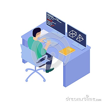 Isometric 3D Programmer Composition Cartoon Illustration