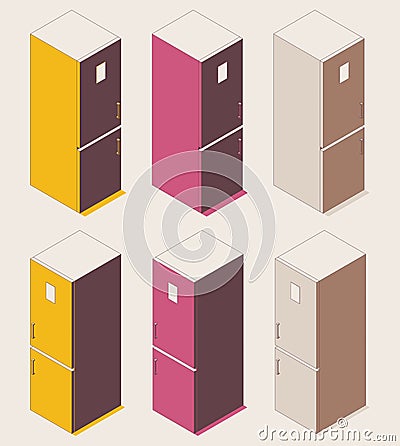 Isometric 3d refrigerator in outline style. Vector kitchen element in various foreshortening views drawn in pink and yellow Stock Photo